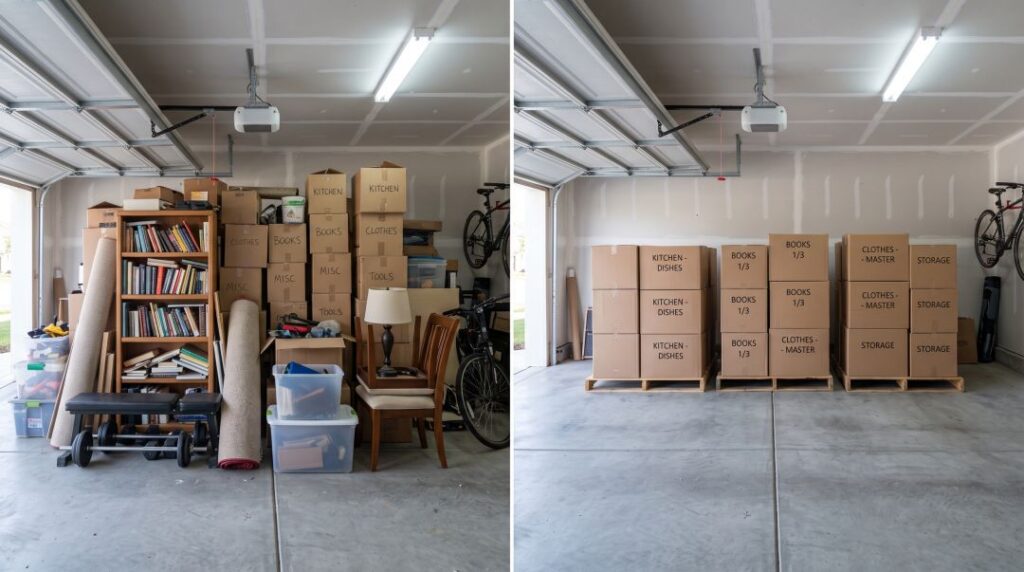 Side-by-side comparison of a household shipment before and after decluttering to reduce moving weight