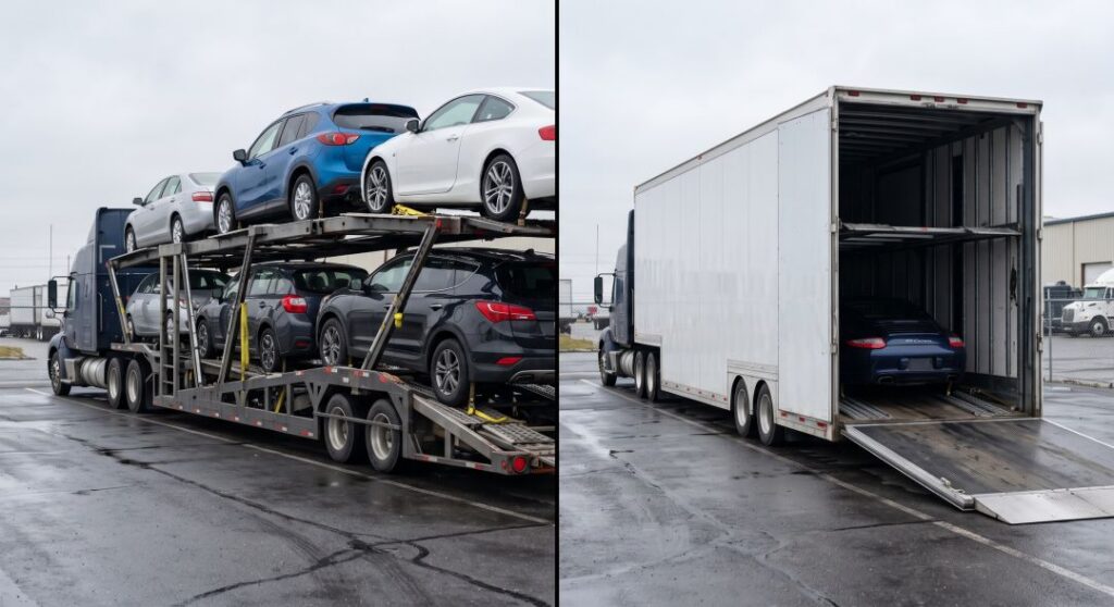 Open carrier and enclosed carrier side by side showing the two vehicle shipping options