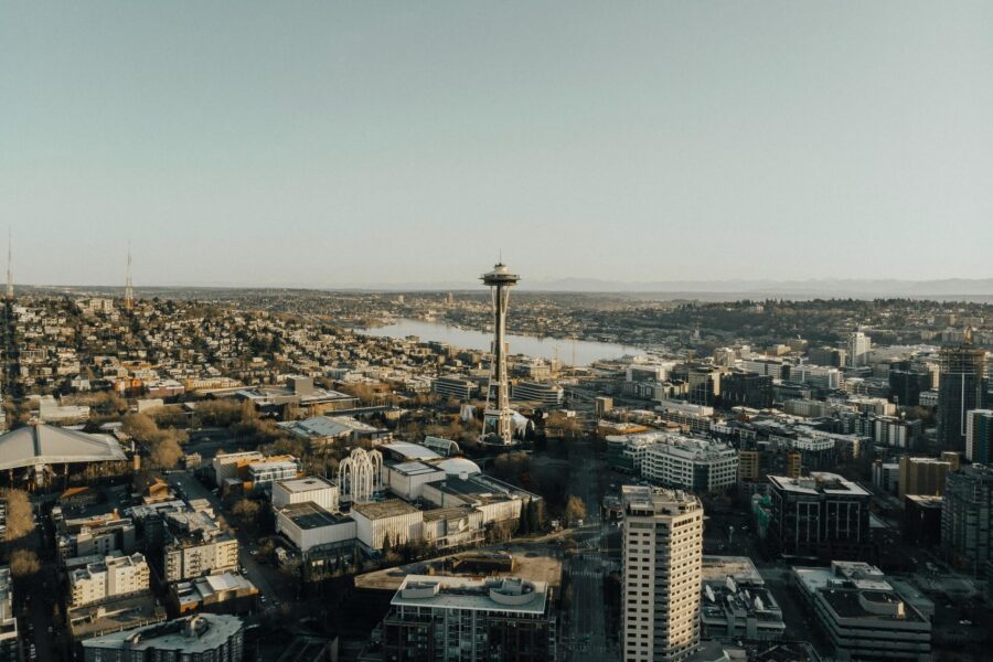 Aerial view of Seattle buildings and skyline near South Lake Union during daytime.