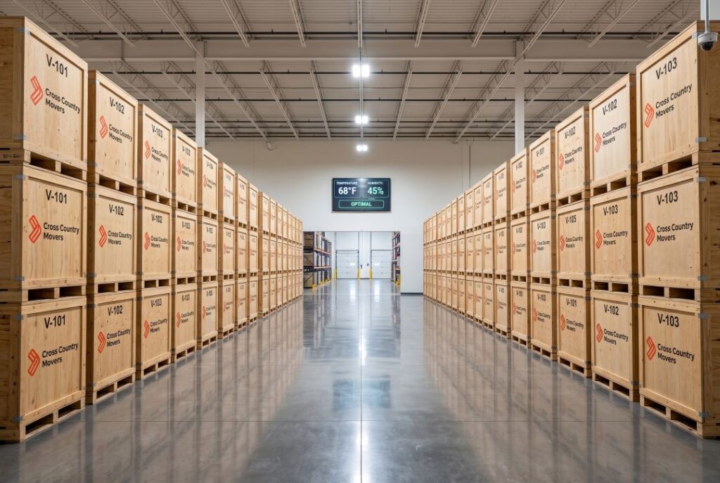 Organized climate-controlled storage facility housing wooden vault containers.