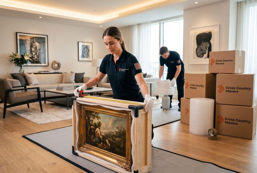 Professional movers building custom wooden crating and packing delicate home decor.