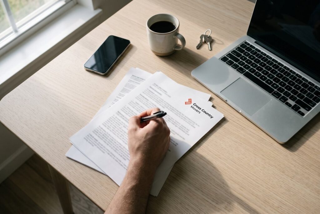 Homeowner reviewing a written interstate moving estimate on a kitchen table beside a laptop and a mug of coffee
