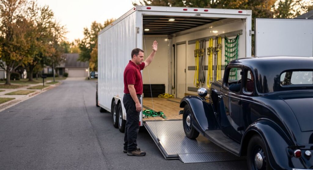 A mover guiding a classic car onto an enclosed auto transport trailer for cross-country shipping.