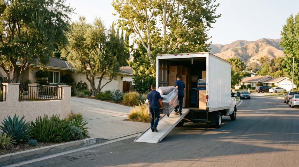 Moving crew loading a long-distance truck outside a hillside Encino, California home before an interstate move