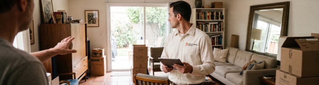 Moving consultant recording a room-by-room inventory on a tablet during an in-home survey for a flat-rate interstate quote
