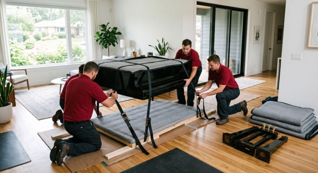 A four-person crew strapping a padded grand piano onto a piano board before a long-distance move.
