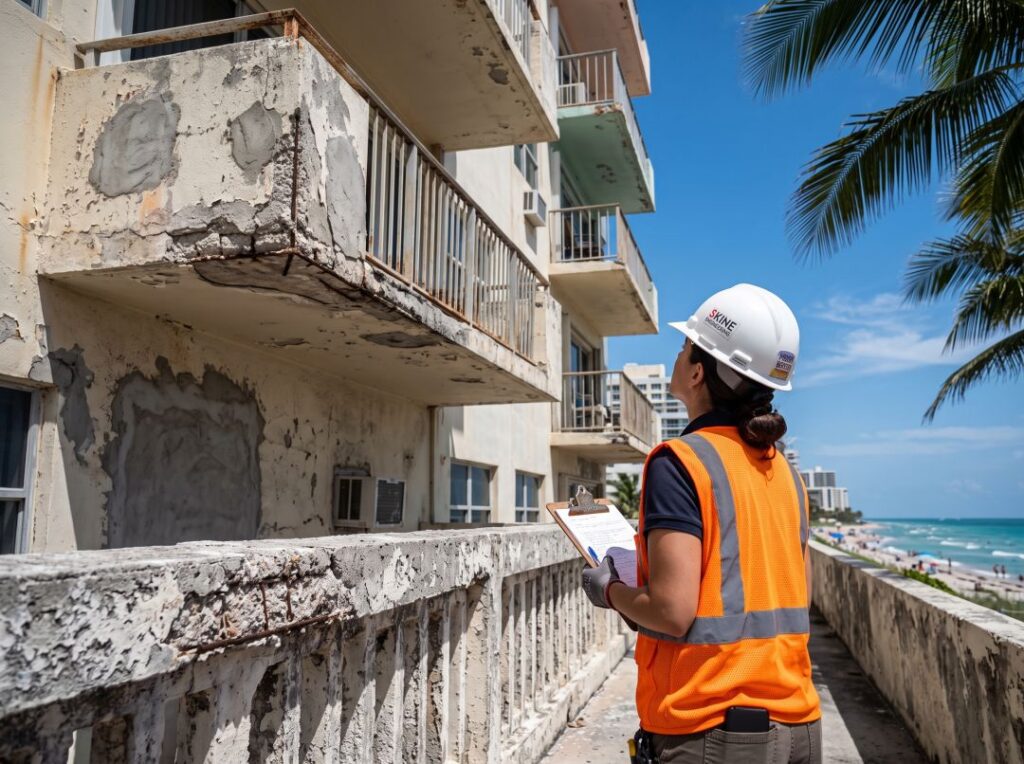 Engineer inspecting the exterior concrete of an older Miami Beach condo building