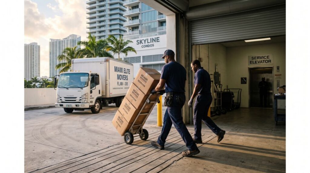 Movers unloading boxes at the service entrance of a Miami high-rise condo building