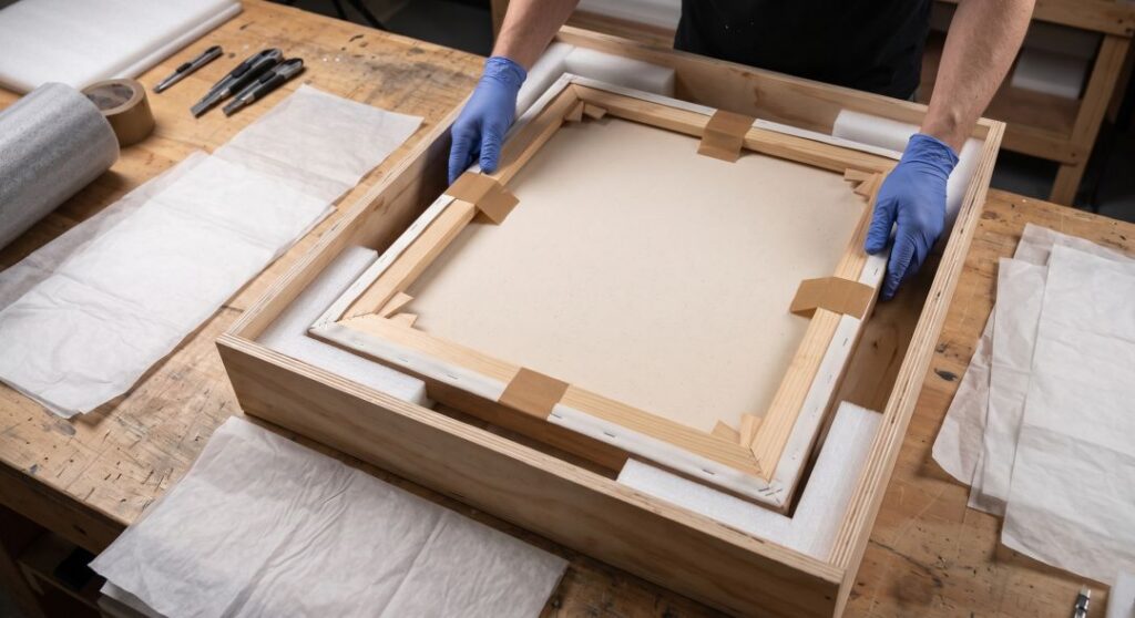 Movers fitting a framed canvas into a custom plywood art crate with cut foam inserts for long-distance transport.
