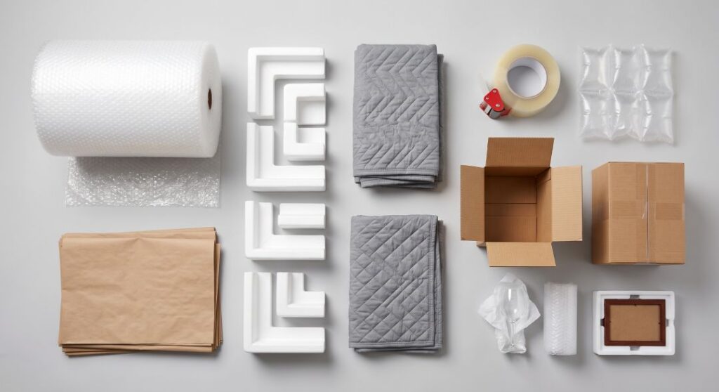 Overhead view of professional packing materials including bubble wrap, foam inserts, packing paper and heavy-duty boxes.