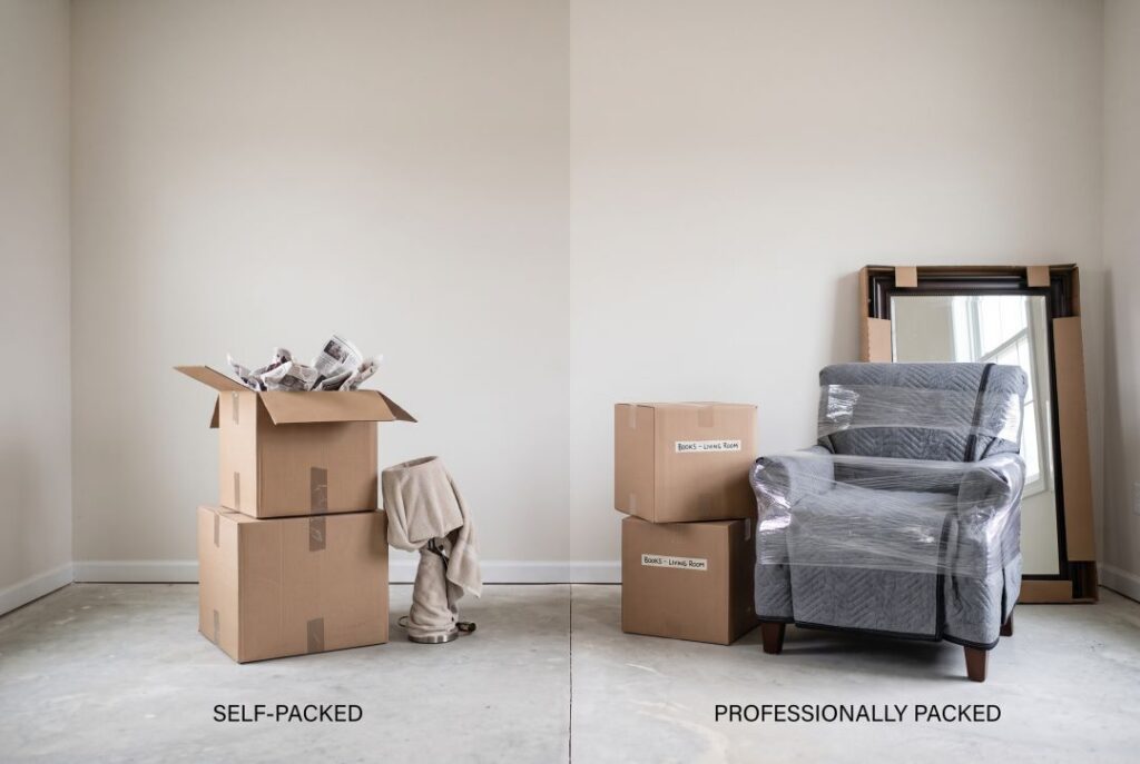 Side by side comparison of self-packed cardboard boxes and professionally packed and wrapped items